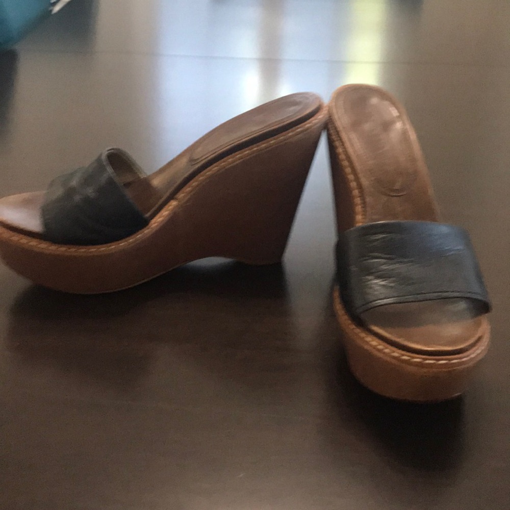 Prada black leather high heeled wedge sandals